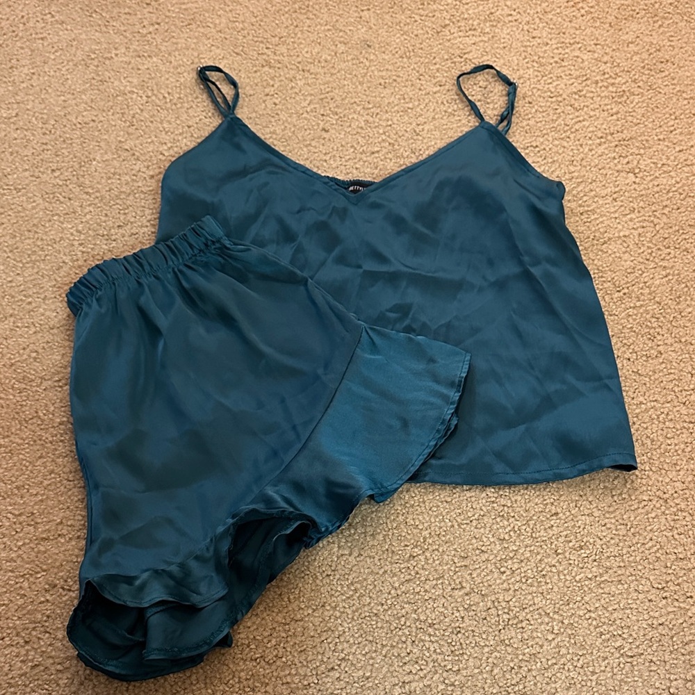 PrettyLittleThing Teal Satin Pajama Set